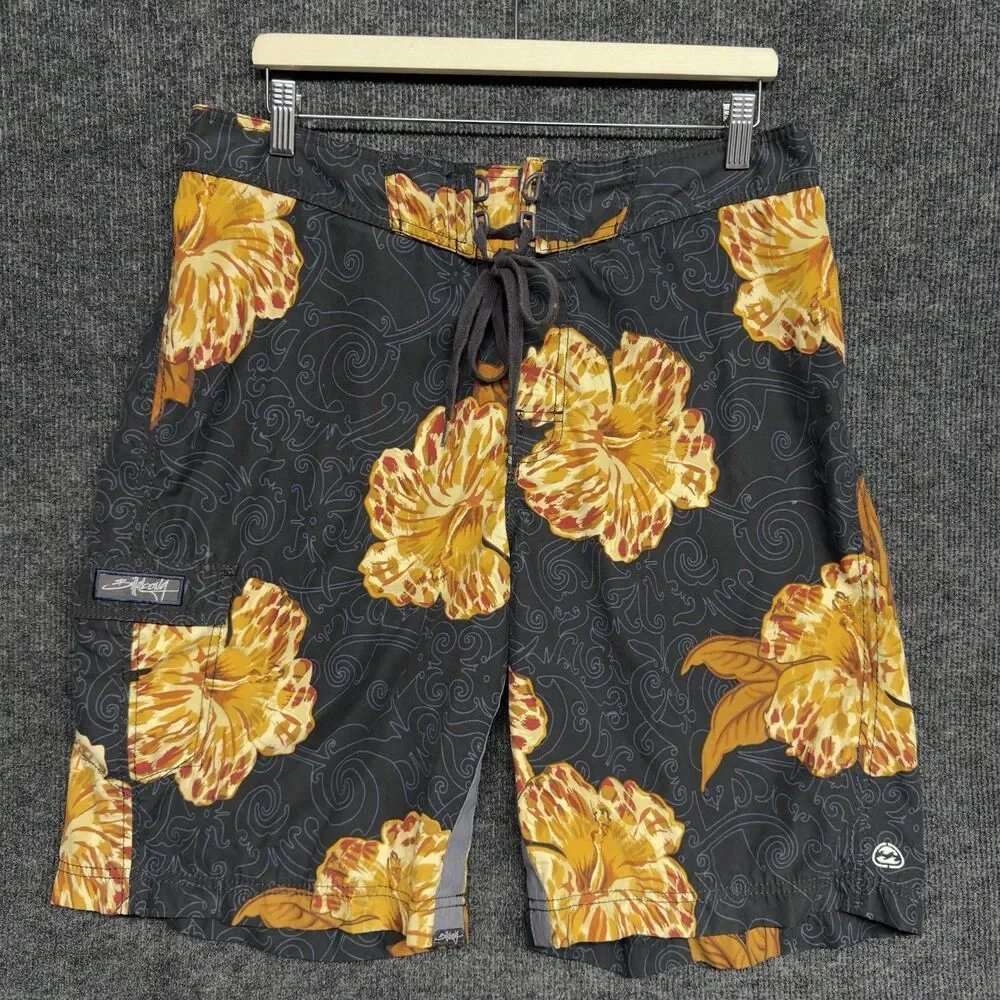 VTG Billabong Board Shorts Mens 34 Floral Hibiscus Swim Trunks 2000s Surf Y2K